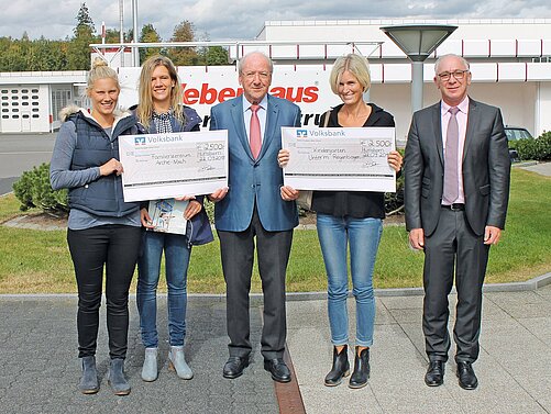 Scheckübergabe, Spende, Jubiläum, Wenden-Hünsborn, Spendenscheck, v.l. : Valeska Hofmann und Isabell Brüser - Kindergarten Arche Noah Bianca Eich - Kindergarten Unter´m Regenbogen.